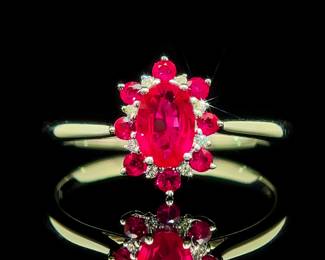 Natural Ruby & Diamond Oval Flower Cluster Ring in 14k White Gold - Never Worn!