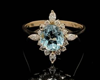 Natural Aquamarine & Diamond Lace Cluster Ring in 14k Yellow Gold
