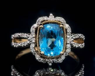 Elegant Beauty! Natural Blue Topaz & Diamond Twisted Rope Vintage Style Halo Ring in 14k Yellow Gold