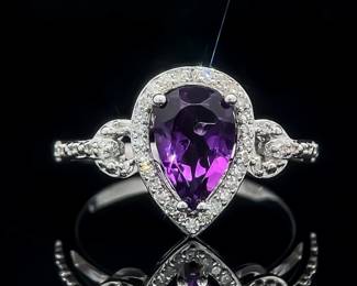 Pear Shaped Natural Amethyst & Diamond Vintage Style Halo Ring in 14k White Gold
