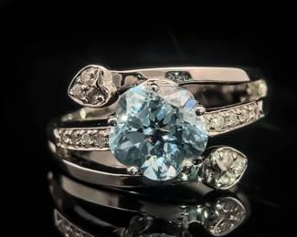 Natural Aquamarine & Diamond Triple Coil Heart Ring in 14k White Gold