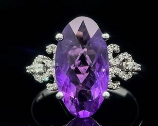 Natural Amethyst Elongated Oval Ornate Diamond Pave Vintage Style Ring in 14k White Gold