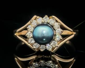 Natural Blue Pearl & Diamond Halo Split Band Ring 14k Yellow Gold