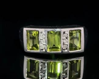 Rectangular Three-Stone Natural Peridot & Diamond Ring in 14k White Gold