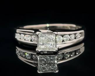 Diamond Princess Illusion & Channel Cathedral Engagement Ring in 14k White Gold