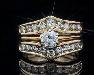 0.83ct Diamond Solitaire & Double Chevron Band Triple Bridal Ring in 14k Yellow Gold; $4870 Retail