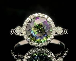 Mystic Topaz & Diamond Halo Textured Filigree Ring in 14k White Gold