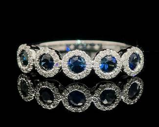 Natural 0.90ct Blue Sapphire & Diamond Five-Stone Halo Anniversary Ring in 14k White Gold