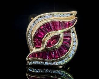 Natural 1.46ct Ruby & Diamond Channel Nature Flower Swirl Ring in 18k Yellow Gold; $2714 Retail