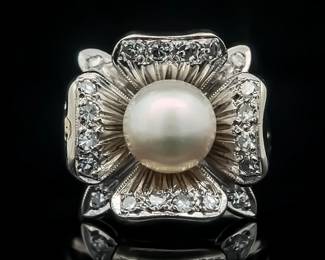 White Cultured Pearl & Diamond Hibiscus Hawaiian Flower Ring in 14k White Gold; $3863 Retail