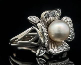 White Cultured Pearl & Diamond Hibiscus Hawaiian Flower Ring in 14k White Gold; $3863 Retail