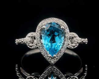 Natural Pear Blue Topaz & Diamond Vintage Style Halo Cluster Ring in 14k White Gold