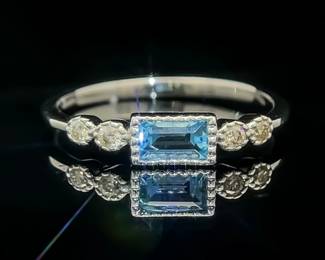 East-West Natural Blue Topaz & Diamond Stacking Ring in White Gold