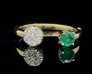 Round Natural Emerald & Diamond Pave Open Cuff Ring in 14k White Gold