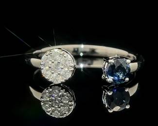 Natural Blue Sapphire Solitaire & Diamond Pave Open Cuff Ring in 14k White Gold