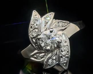 Diamond Art Nouveau Flower Pave Milgrain Petal Ring in 14k White Gold