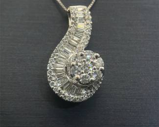 1 Carat Diamond Baguette Swirling Symphony Ribbon Pendant in 14k White Gold