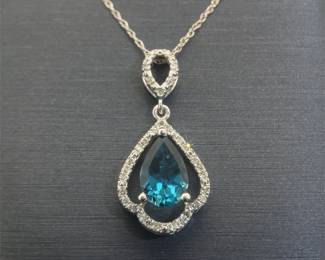 Natural London Blue Topaz & Diamond Halo Vintage Style Pendant Necklace in White Gold