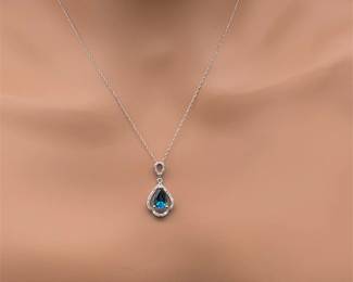 Natural London Blue Topaz & Diamond Halo Vintage Style Pendant Necklace in White Gold