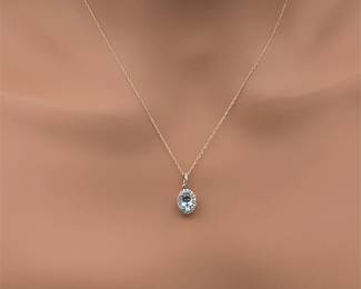 Oval Natural Aquamarine & Diamond Drop Pendant Necklace in 14k Yellow Gold