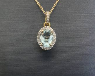 Oval Natural Aquamarine & Diamond Drop Pendant Necklace in 14k Yellow Gold