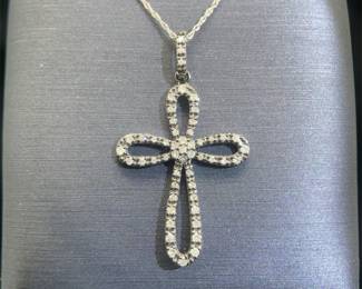 Open Ribbon Diamond Contemporary Cross Pendant Necklace in 14k White Gold