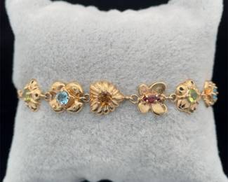 Natural Semi-Precious Gemstone Heart, Butterfly & Flower Puffed Link Bracelet in 14k Yellow Gold - Peridot, Garnet, Blue Topaz, Citrine!