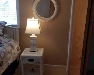 Wicker nightstand and wicker mirror