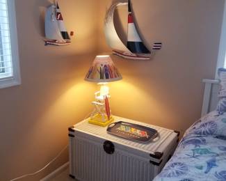 Wicker chest; metal nautical wall art