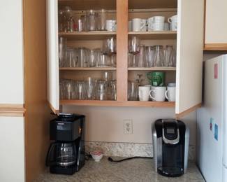 Glasses, dishware, pots & pans. Conventional & Kuerig coffeemakers