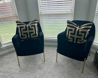 (2) Cleo Contemporary accent chairs 26in (Black); w/ (2) Zgallerie Cace pillows 22in, black & gold.