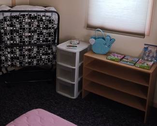 Roll Away Bed and 1 of Several Plastic Drawered Totes
