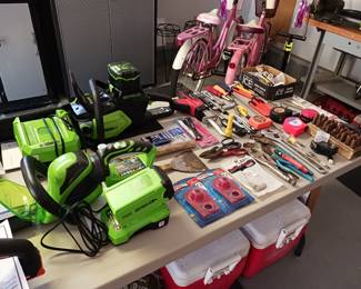 Battery Powered Chainsaw and Hedge Trimmer and Variety of Tools