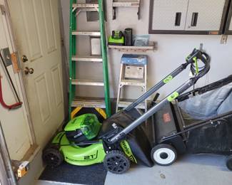 Battery Powered Push Mower and Agri Fab Push Lawn Sweeper