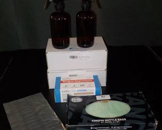 NIB 6 16oz Amber Glass Bottles with Black Spray Nozzles Bottle Bags and Tongue Depressors