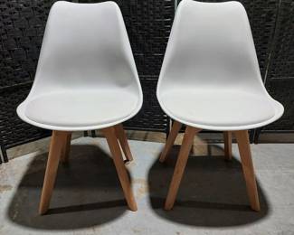 Pair of White Molded Side Chairs with Padded Seat and Wood Legs