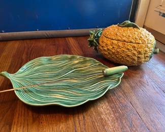 Bordallo Pinheiro Banana Leaf Serving Platter and Pineapple Tureen