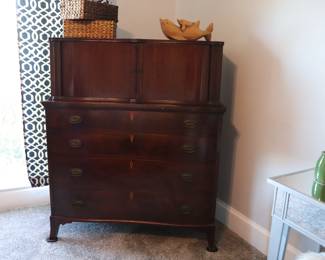 VINTAGE MAHOGANY HIGHBOY DRESSER WITH TAMBOUR DOORS