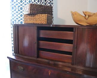 VINTAGE MAHOGANY HIGHBOY DRESSER WITH TAMBOUR DOORS