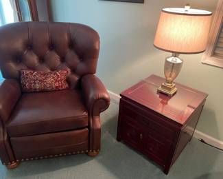 Ethan Allen leather recliners - matched set of 2 available - LIKE NEW, side table and lamp (matched set of 2 available)