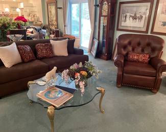 Crate and Barrel 2-cushion couch, Ethan Allen recliner (2 available) and Auberge brass and glass table