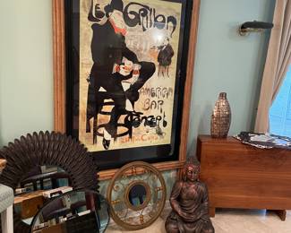 Asian insipired decor, large French lithograph, side table, mirrors and more!