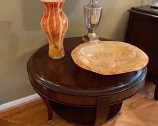 Side table with lower tier, table lamp and decor