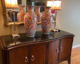 Marbled-top art deco inspired sideboard by Liz Claybourne, Asian Vases, buffet lamps and large mirror
