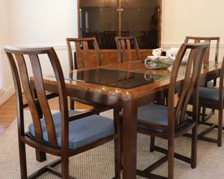 Burl & Smoked Glass Extendable Dining Table 6 Chairs China cabinet and Server   by Century Furniture 