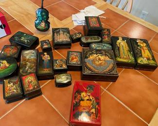 Russian USSR laquer boxes by famour designers many with certificates.