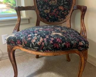 Vintage Louis XV Style Carved Wood Floral Upholstered Armchair