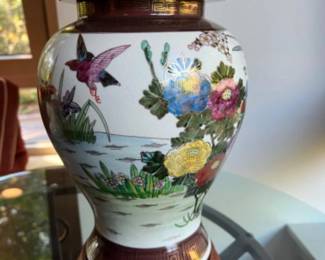 Vintage Hand Painted Asian Ginger Jar Lamp w/ Blue Bird Finial