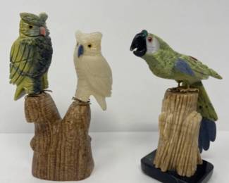Peruvian Carved Gemstone Parrot & Owls Sculptures