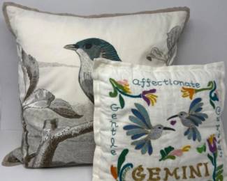 Hand Embroidered Linen Gemini & Linen Down Bird Throw Pillows